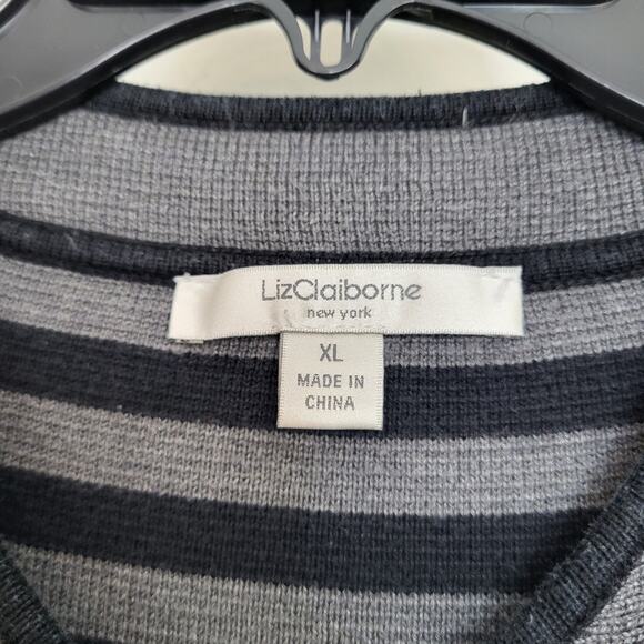 Liz Claiborne Gray and Black Striped Button-Front Long Cardigan Sweater Size XL - Picture 5 of 7